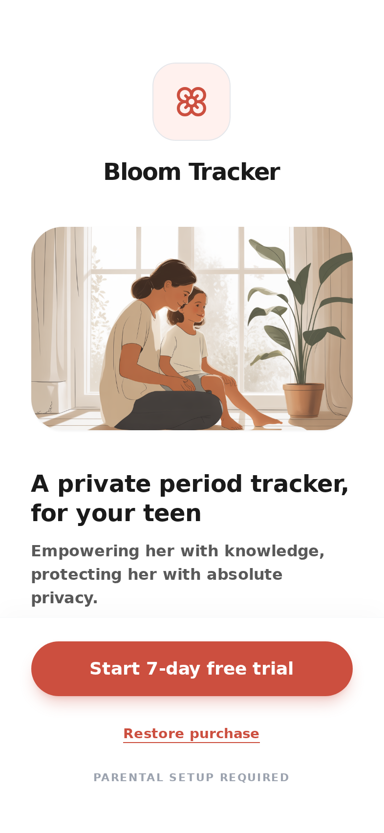 Parent Setup screen explaining local storage, no account requirement, and no analytics.