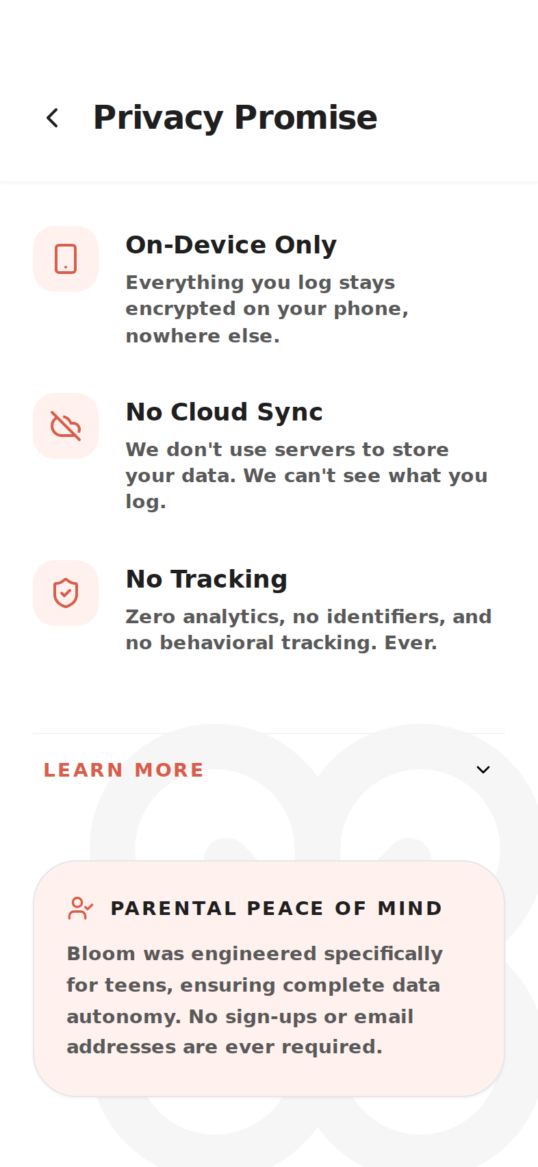 Privacy and data screen explaining what stays on the device and what AsterKit never collects.
